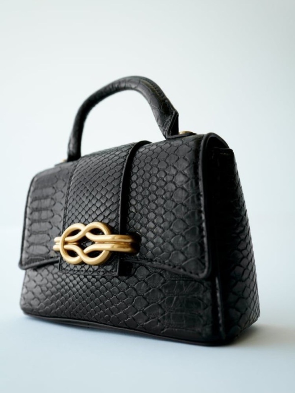 Zara Black Croc Handbag with Gold Accent